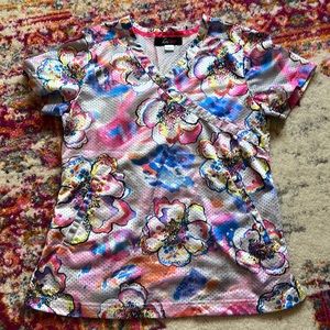 Koi Lite Womens Scrub Top Medium Floral Print Short Sleeve Pockets Breathable